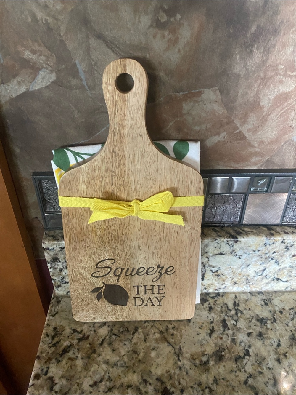 Squeeze Wooden Prep Board with Yellow Ribbon and Green Towel Accent